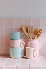 Soft Pastel Kitchen Essentials Minimalist Ceramic Mugs and Wooden Utensils Showcasing Modern Homeware Styling for Contemporary Lifestyle Enthusiasts