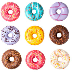 Delicious donuts in different colors on white background
