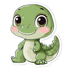 Obraz premium A cute cartoon baby crocodile with big, expressive eyes sits with a friendly smile, featuring a green scaly body and a playful design.