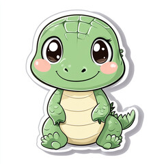 Fototapeta premium A cute cartoon baby crocodile with big, expressive eyes sits with a friendly smile, featuring a green scaly body and a playful design.