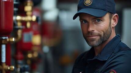 Smiling man stands before industrial equipment with pipes and gauges, looks confidently at the viewer