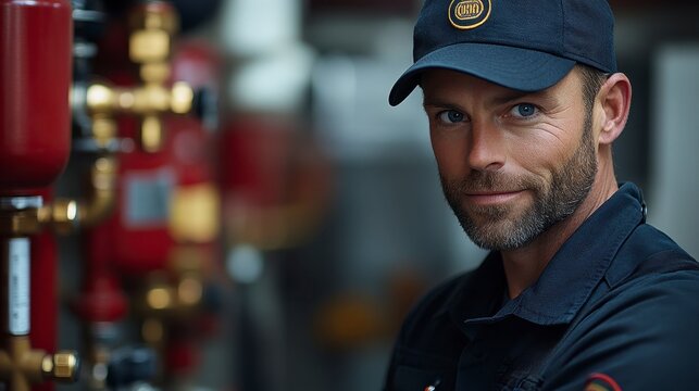Smiling man stands before industrial equipment with pipes and gauges, looks confidently at the viewer