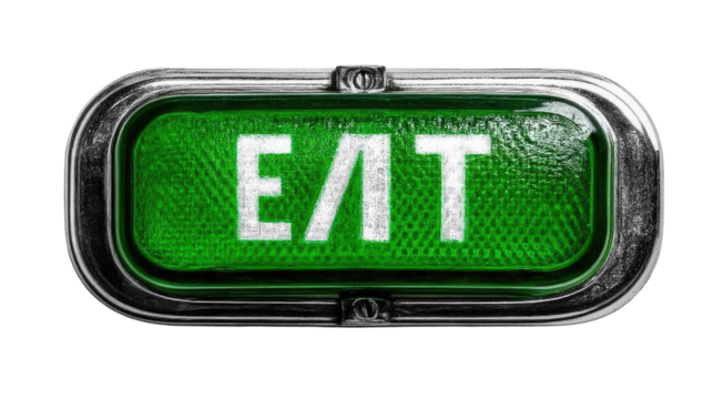 Emergency Exit Sign: Illuminated green exit sign, offering a sense of safety and direction in a critical situation, featuring clean lines and a clear, legible design.