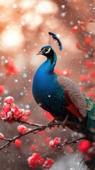 Fototapeta premium Vibrant peacock perched on a branch in winter.