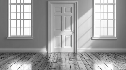 Fototapeta premium Bright room with door & windows showcasing the floor and light interplay