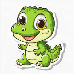 Fototapeta premium A cute cartoon baby crocodile with big, expressive eyes sits with a friendly smile, featuring a green scaly body and a playful design.