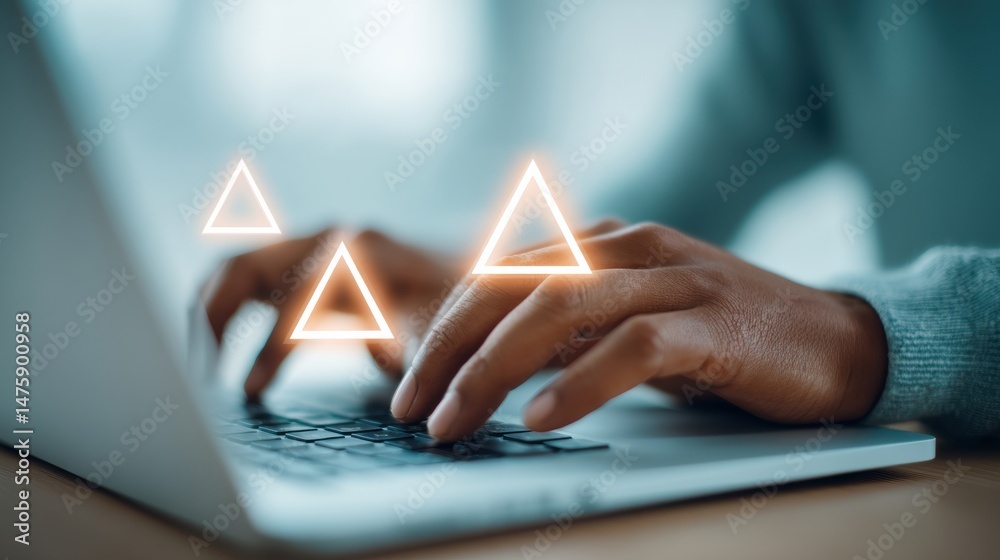 Poster immersive cybersecurity alert holographic warning triangles illuminating digital workspace resilienc