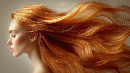 Woman with long, flowing, auburn hair in a profile shot with soft lighting