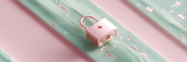 Pastel Cybersecurity Aesthetic Soft-Toned Digital Protection Mockup with Minimalist Padlock on Gradient Tech Landscape - Modern Data Privacy Design