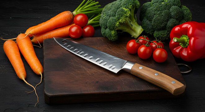 A shiny, silver chef's knife with a wooden handle is chilling on a dark slate cutting board