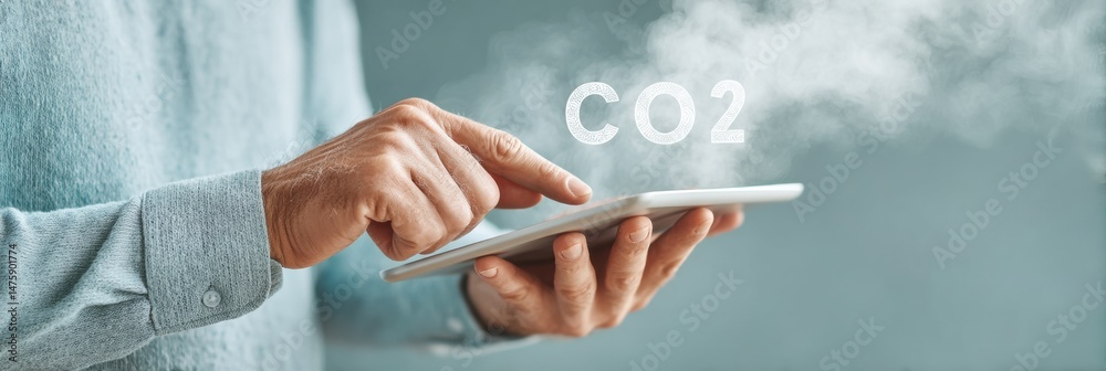 Poster sustainable digital innovation climate-smart executive analyzing carbon emissions with augmented rea