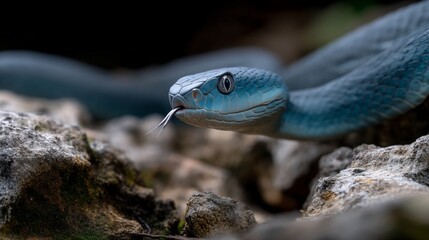 Naklejka premium Close-up of a vibrant blue venomous snake on rocks