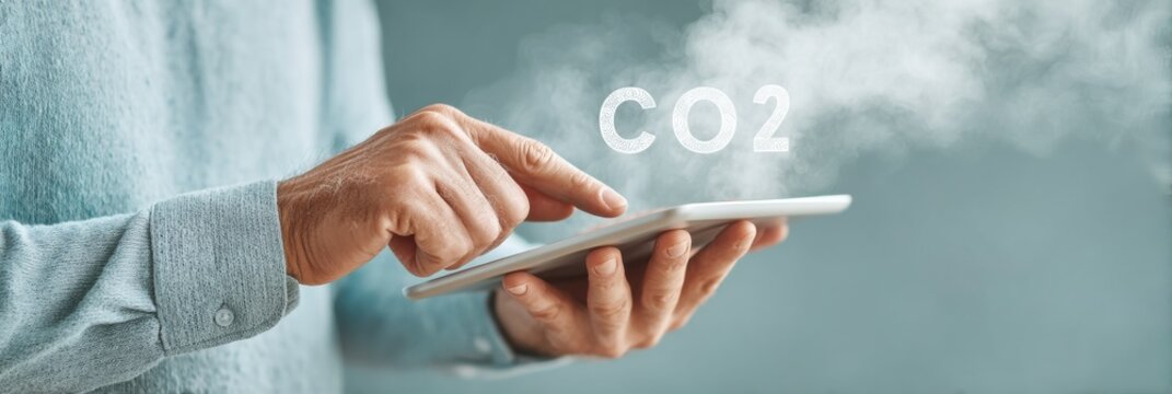Sustainable Digital Innovation Climate-Smart Executive Analyzing Carbon Emissions with Augmented Reality Tablet Interface - Next-Gen Environmental Strategy Visualization - Powered by Adobe