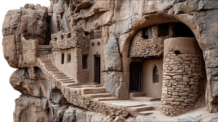 Ancient Cliff Dwellings: Ancient dwellings carved into a towering cliff face, showcasing intricate architecture and a rich sense of history. Featuring steps, archways.