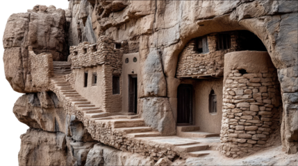 Ancient Cliff Dwellings: Ancient dwellings carved into a towering cliff face, showcasing intricate architecture and a rich sense of history. Featuring steps, archways.
