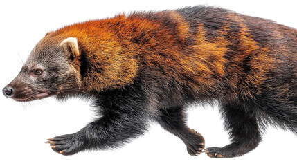 Obraz premium A Glimpse of the Bush Dog: A striking Bush Dog with a unique black and rusty orange coat, captured mid-stride with a sense of determination, set against a pure white background. 