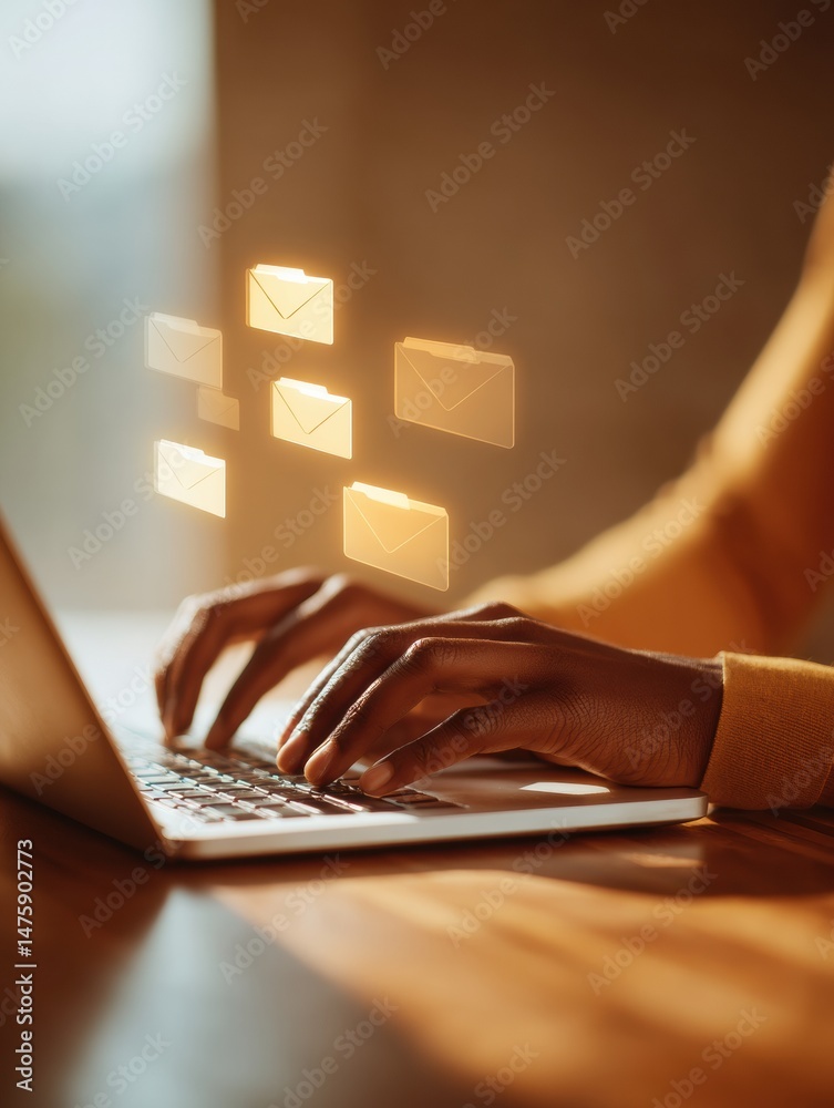 Poster Minimalist Digital Workflow Holographic Email Interfaces and Cloud Connectivity - Next-Gen Remote Work Visualization for Gen Z Professionals