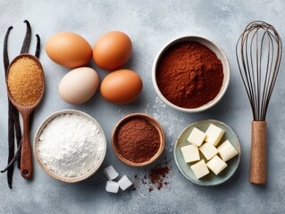 Fototapeta premium Artisan Baking Essentials Rustic Farm-to-Table Ingredients Flatlay - Culinary Craft Workshop Inspiration for Modern Home Chefs and Digital Food Content Creators