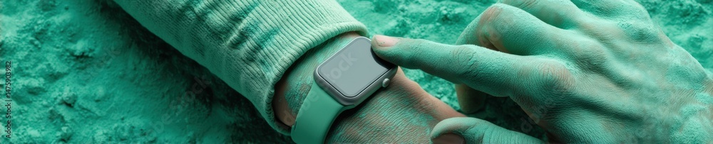 Poster neurotech wellness revolution minimalist smartwatch tracking biometric performance in immersive teal