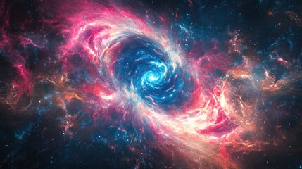 A vibrant nebula swirls with cosmic energy, showcasing a captivating blend of pink, red, and blue hues