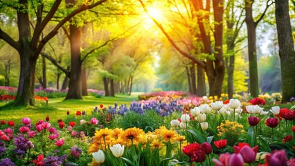 Obraz premium Colorful blooming flowers and lush greenery fill a vibrant spring background with warm sunlight filtering through trees