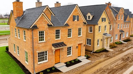 Aerial View of New Townhouses with Orange Brick Facades and Gray Roofs
