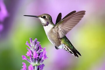 A hummingbird hovering near purple sage flowers, macro photography, natural background, blurred green and lavender color palette, high resolution generative ai
