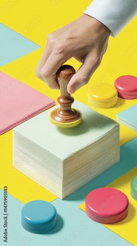 Poster minimalist pop bureaucracy geometric stamp validation in vibrant retro-modern workspace design - cre