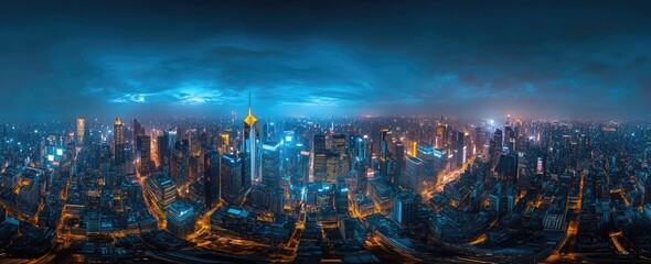 Obraz premium Panoramic Night View of Glowing Metropolis Cityscape with Skyscrapers and Light Streaks