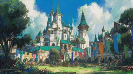A picturesque fantasy castle town, painted in vibrant hues.