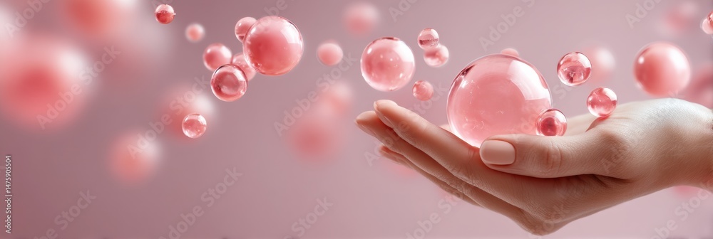 Poster ethereal molecular elegance soft pink biotechnology visualization with translucent spheres represent