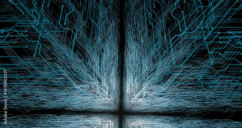 Poster futuristic blue circuit lines form an abstract technology background, suggesting data flow in a digi