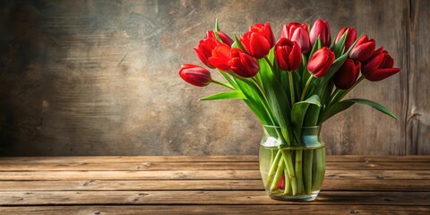 Vibrant red tulip bouquet in a glass vase on a wooden table , spring flowers