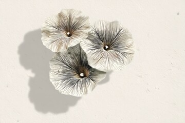 Obraz premium Three delicate fungi displayed against a light background.