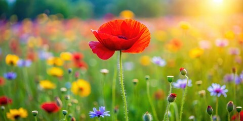 Naklejka premium Red poppy in a lush meadow with vibrant wildflowers and green grass, red poppy, red blooms