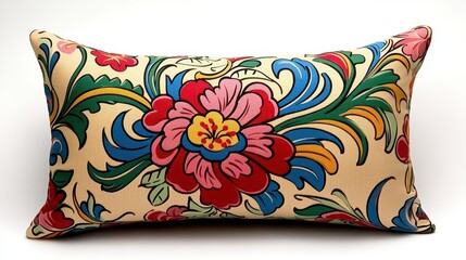 Cream Rectangular Pillow with Vibrant Floral Embroidery