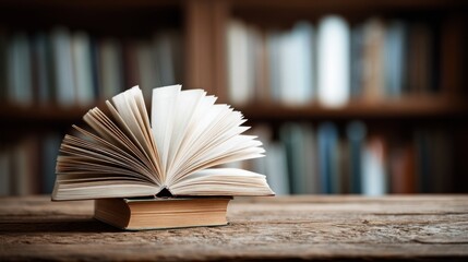 Open book resting on a closed book on a wooden table in front of a bookshelf, eye level shot in a library