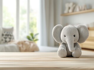Cute plush elephant sits on wooden table in bright nursery room interior front view soft toy animal for baby