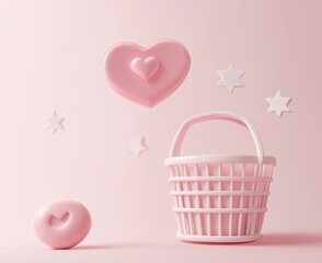 Pink basket, stars, and heart shapes on pastel backdrop for baby or celebration concept