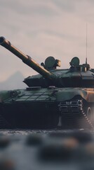 A shadowed, imposing military tank with a long barrel, set against a muted, hazy sky. Powerful and formidable