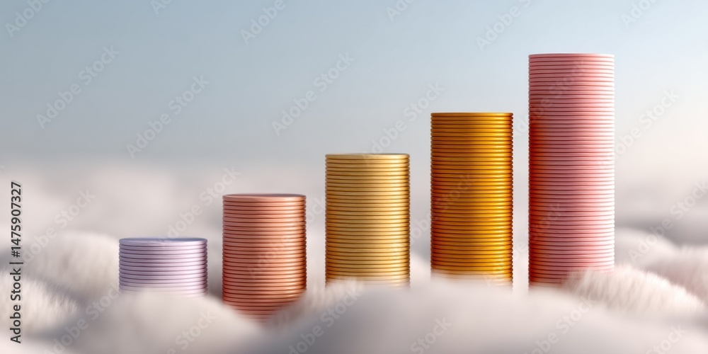 Poster ascending financial growth metallic coin stacks visualizing investment progression, ipo strategy and