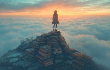 Woman stands atop books above clouds at sunset