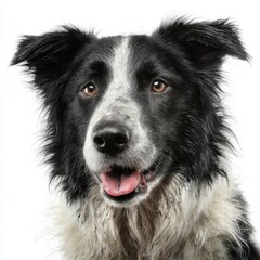 Close-up portrait of a happy Border Collie dog with open mouth looking at camera in studio on white background