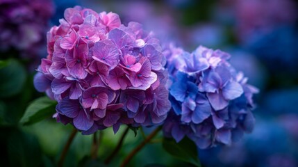 Fototapeta premium Vibrant Close-Up of Pink and Blue Hydrangea Blooms in a Lush Garden Setting Capturing Nature's Beautiful Colors