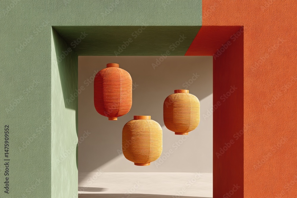Poster minimalist chinese lantern design geometric color-block styling for modern cultural marketing and im