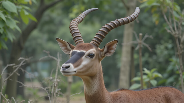 Blackbuck (antilope cervicapra), Indian Antelope with long ringed horns and white and brown fur in Guindy National Park at the Indian Institute of Technology Madras campus (Chennai, Tamil Nadu, India)