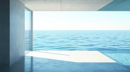 Fototapeta premium Modern concrete structure overlooking a tranquil ocean.