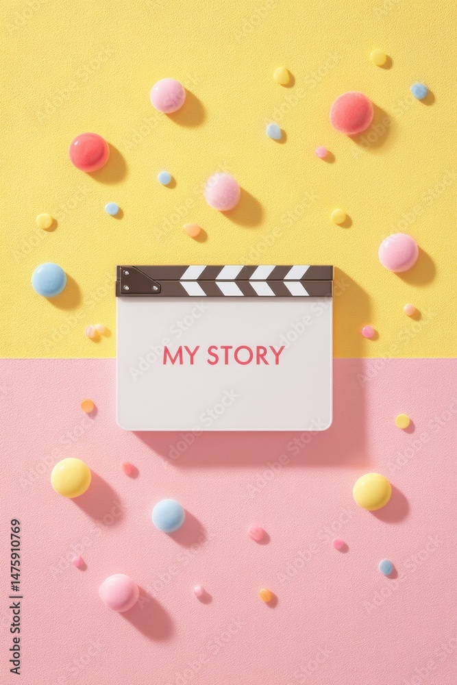 Poster pastel pop narrative design minimalist movie clapper storytelling concept with playful bubble compos
