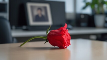 Single red rose on a light-colored wooden table, office setting in the background