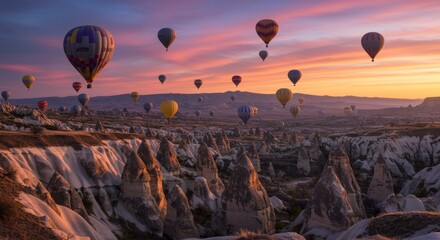 Naklejka premium Breathtaking hot air balloon adventure at sunset in the unique landscape of cappadocia